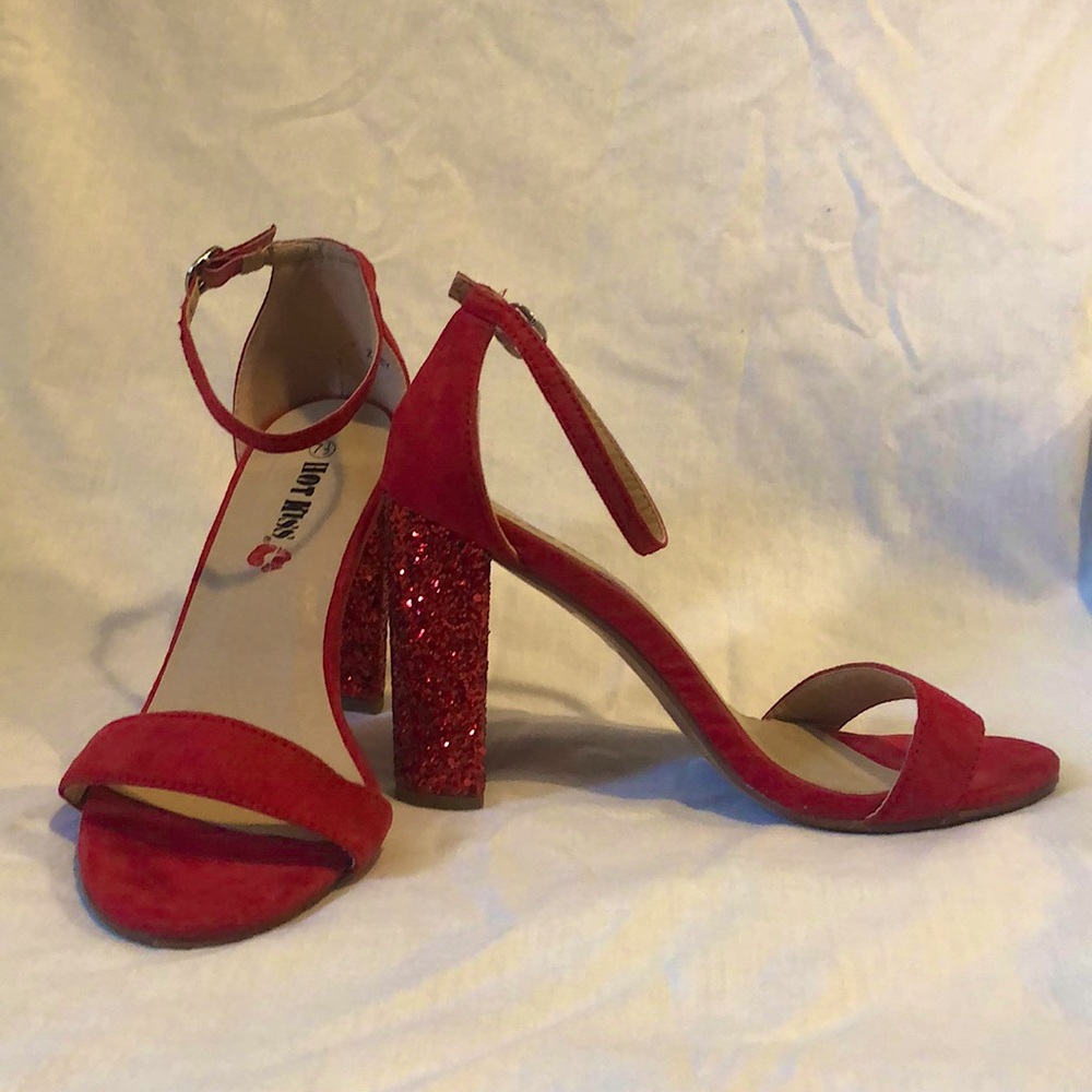 Red glitter strapped heels